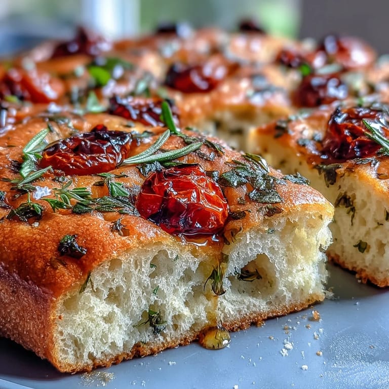 Vibrant herb focaccia with rosemary, thyme, and basil scattered over a crisp, golden crust, perfect for spring dining.  