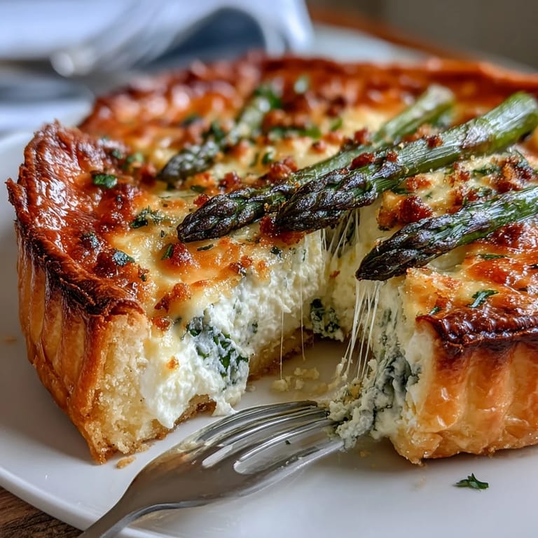 Spring-inspired tart featuring tender asparagus spears arranged over smooth ricotta and Parmesan base.  