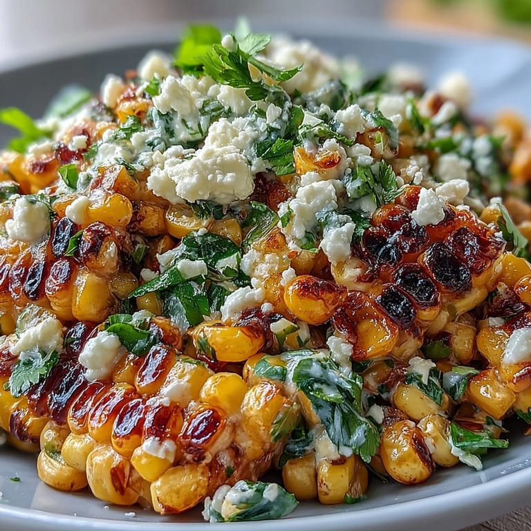 Charred corn salad, tangy dressing, and creamy cotija for a perfect side dish.