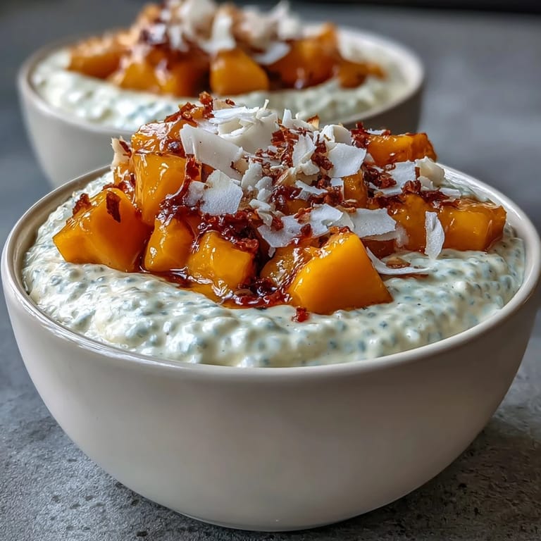 Delicious Skyr Protein Chia Pudding layered with bright mango puree and chunks.