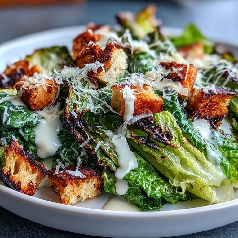 Juicy Grilled Caesar Salad with Charred Romaine, topped with croutons, Parmesan.