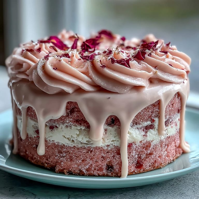 Sweet Rosé Velvet Cake, perfect for bridal showers with a golden cascade.