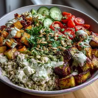 A vibrant Customizable Grain Bowl with roasted sweet potatoes and fresh cherry tomatoes topped with a drizzle of lemon-tahini dressing.