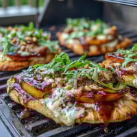 Grilled flatbread topped with sweet peaches, melted Brie, and smoky BBQ sauce—a perfect summer appetizer.