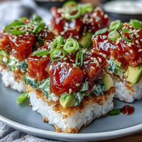 Crispy rice salad with avocado and spicy tuna brings bold flavors, perfect for lunch.