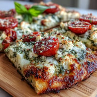 Viral Cottage Cheese Flatbread with vibrant pesto and ripe tomatoes.
