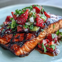 Seared salmon, vibrant strawberry avocado salsa, a juicy summer meal.