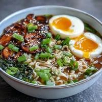 A steaming bowl of homemade miso ramen with tender noodles, savory broth, and a perfectly soft-boiled egg, garnished with mushrooms and green onions.