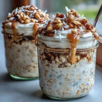 Creamy carrot cake overnight oats topped with crunchy walnuts and a maple syrup drizzle, perfect for a healthy breakfast.  