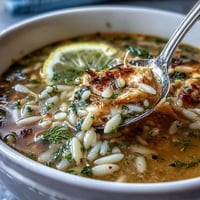 A steaming bowl of Greek lemon chicken soup with tender shredded chicken, orzo, and fresh herbs in a silky lemon broth.