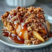 Warm Father's Day Whiskey Caramel Apple Crisp with golden oat topping.