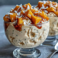 Creamy Skyr Protein Chia Pudding with vibrant, sweet diced mango swirls.